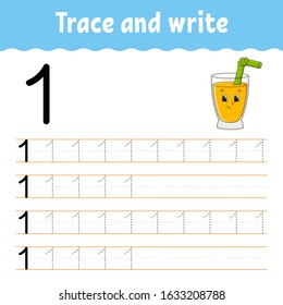 Number 1. Trace and write. Handwriting practice. Learning numbers for kids. Education developing worksheet. Color activity page. Isolated vector illustration in cute cartoon style.