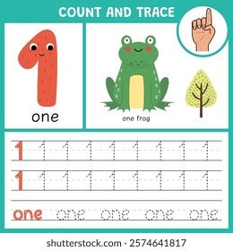 Number 1 tracing worksheet for kids. Learning numbers activity page for pre-school. Count and trace template with a cute frog. Vector illustration