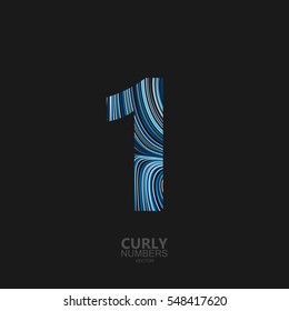 Number 1. Typographic vector element for design. Part of curly textured alphabet with marble or acrylic imitation. Digit one with diffusion lines swirly pattern. Vector illustration