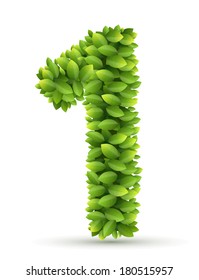 Number 1, vector alphabet of green leaves  on white background