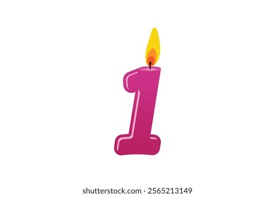 Number 1 Vector Candle for Birthday or Anniversary Celebration. Purple gradient Wax Candle Icon with Burning Flame
