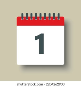Number 1 - vector icon calendar days. 1th day of the month. Illustration flat style. Date of week, month, year Sunday, Monday, Tuesday, Wednesday, Thursday, Friday, Saturday. Holiday calendare date