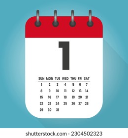 Number 1 - vector icon calendar days. 1th day of the month. Illustration flat style. Date of week, month, year Sunday, Monday, Tuesday, Wednesday, Thursday, Friday, Saturday. Holiday calendare date