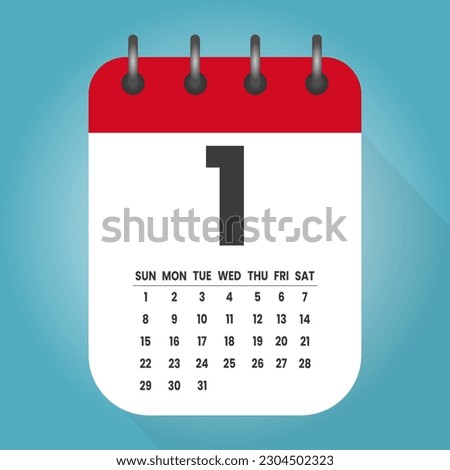 Number 1 - vector icon calendar days. 1th day of the month. Illustration flat style. Date of week, month, year Sunday, Monday, Tuesday, Wednesday, Thursday, Friday, Saturday. Holiday calendare date