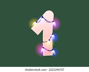 Number 1 vector illustration. Digits with glowing Christmas lights and bulbs. Counting figure for decoration. Festive set in playful style. Glowing one sign