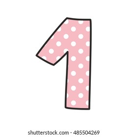 Number 1 with white polka dots on pastel pink, vector illustration isolated on white background