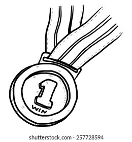 number 1 or winner medal / cartoon vector and illustration, black and white, hand drawn, sketch style, isolated on white background.