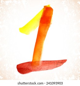 Number 1 written with a brush. Hand drawn letters. Watercolor.