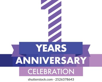 number of 1 years anniversary celebration logo style in purple monochrome diagonal stripes color, isolated on white background.