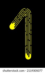 Número 1 de líneas punteadas amarillas aisladas sobre fondo negro. Elemento de diseño. Ilustración del vector