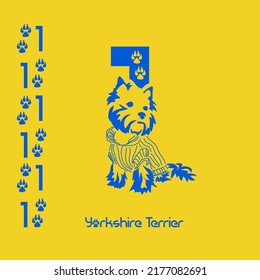 Number 1 with Yorkshire terrier. Unusual decorative alphabet. Font for dogs based on gestalt design