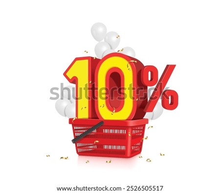 number 10% 3D red-yellow with balloons placed in a red shopping basket like the one used in a mall or supermarket for advertising a discount promotion, vector 3d isolated for banner design