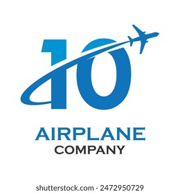 Nummer 10 mit Flugzeuglogo Vorlage Illustration. geeignet für Transport, brand, Reise, Agentur, Web, Etikett, Netzwerk, Marketing usw