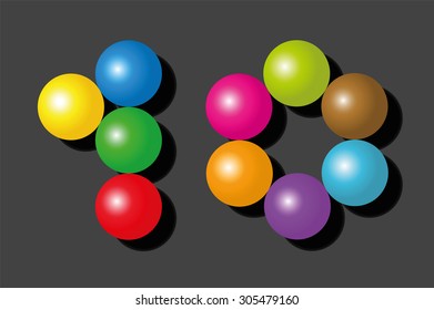Number 10 consisting of exactly ten colorful items such as marbles, beads or balls - vector illustration on black background.