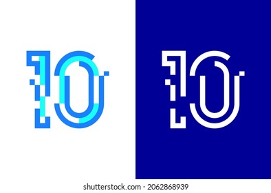 Number 10 Digital Logo. Numbers Design With Technology Concept. Line Logo And Pixel