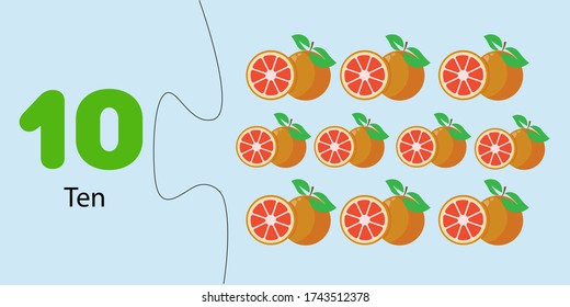 Number 10. Elementary mathematics for preschoolers. puzzle game for children. Worksheet figures and fruits. Ten oranges