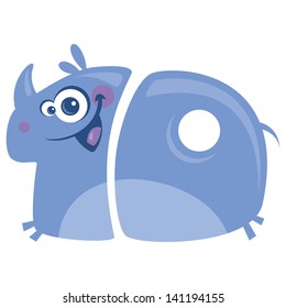 Number 10 funny cartoon happy smiling purple rhino with big horn running