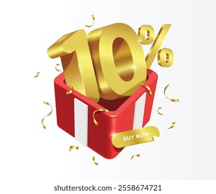 number 10% Gold was placed in a red gift box and gold ribbons floated in air around it, vector 3d illustration on white background for discount promotion advertising design, ten percent discount