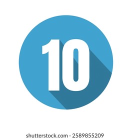 Number 10 Icon with Long Shadow, Blue Circular Design