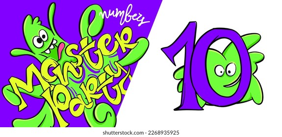 Number 10 from the Monster party numbers, funny cartoon style. Ten with cute green monster behind them for children, kindergarten, school, education, home party decor illustration