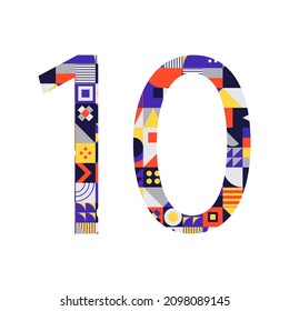 Number 10 from multicolored geometric shapes isolated on white. Neo geo. Illustration