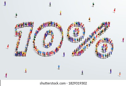 Number 10 Percent. Large group of people form to create a shape 10%. Special Offer Sale Design. Vector Illustration of advertising banner.