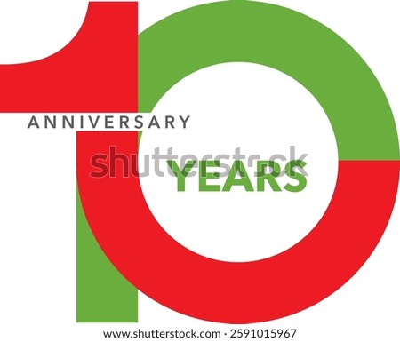 The number 10 is red and green, and the word anniversary is gray, and the word years is green.