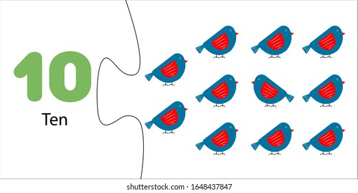 Number 10 and ten cute birds. Puzzle game for preschoolers, children. Learning numbers, initial arithmetic. Connect two parts
