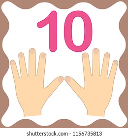 Number 10 (ten), educational card, learning counting with fingers of hand, mathematics. Vector illustration.