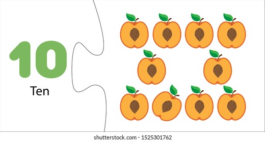 Number 10 and ten halves of peaches. Fruit count for kids. Math for preschoolers. Educational flash card. Puzzle game