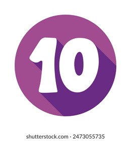 Number 10 ten icon vector illustration, flat design icon with long shadow, circle shape purple icon