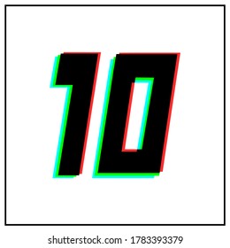 Number 10, ten vector desing logo.Dynamic, split color, shadow of  number red, green, blue in black frame on white background.