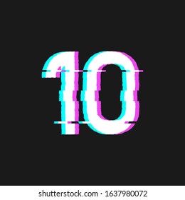 Number 10 or Tenth with Glitch Effect Style for Countdown, Poster, Flyer, Banner. Vector Flat