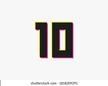 Number 10 vector desing logo. Dynamic, split-color, shadow of  number pink and yellow on white background. For social media,design elements, creative poster, anniversary celebration, greeting and web 