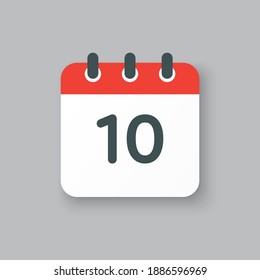 Number 10 - vector icon calendar days. 10th day of the month. Illustration flat style. Date of week, month, year Sunday, Monday, Tuesday, Wednesday, Thursday, Friday, Saturday. Holiday calendare date