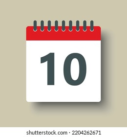 Number 10 - vector icon calendar days. 10th day of the month. Illustration flat style. Date of week, month, year Sunday, Monday, Tuesday, Wednesday, Thursday, Friday, Saturday. Holiday calendare date