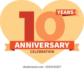 number of 10 years anniversary celebration logo style in red monochrome color with heart. shape, isolated on white background.