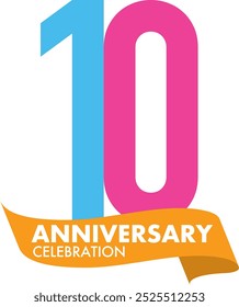 number of 10 years anniversary celebration logo style in cyan and pink color, isolated on white background.