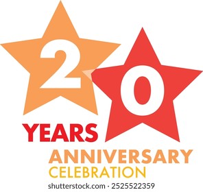 number of 10 years anniversary celebration logo style in orange and red star color, isolated on white background.
