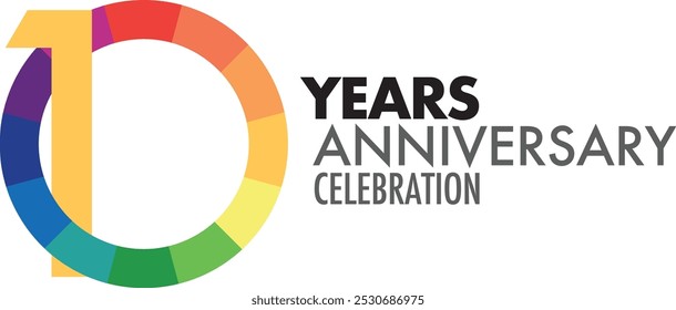 number of 10 years anniversary celebration logo style inside color wheel circle shape, isolated on white background.