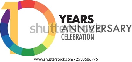 number of 10 years anniversary celebration logo style inside color wheel circle shape, isolated on white background.