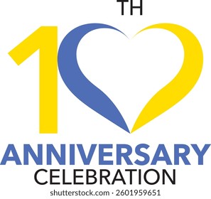 The number 10 is yellow and blue with heart shape for the anniversary celebration and the word years anniversary celebration at the bottom.
