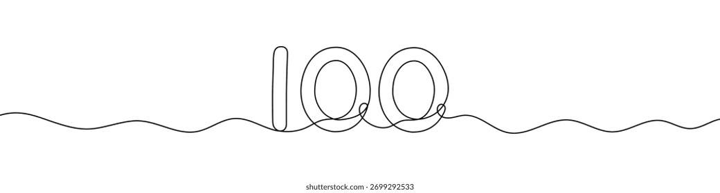 Number 100 continuous line vector illustration. Minimalist monoline drawing style for anniversary, birthday, or milestone celebration design.