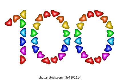 Number 100 made of multicolored hearts on white background