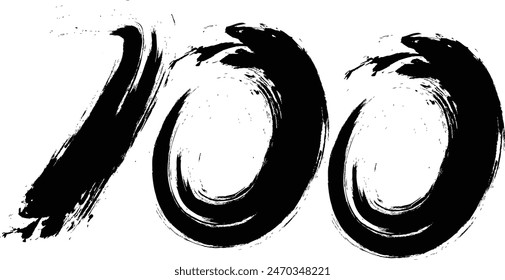  number 100 with paint brush strokes,  100 ,Number ,grunge brush freestyle font, designed using black and white handwriting line shape, logo, symbol, icon, graphic, vector.