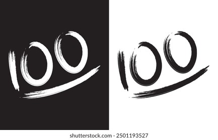 Número 100 con pinceladas. 100 Number grunge brush fuente freestyle diseñada con forma de línea de escritura en blanco y negro. 100 diseño del logotipo por el dibujo a mano. Vector.
