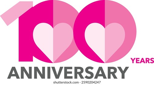 The number 100 is pink, with a heart inside the zero and the word anniversary in gray at the bottom.
