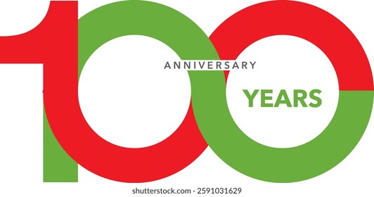 The number 100 is red and green, and the word anniversary is gray, and the word years is green.