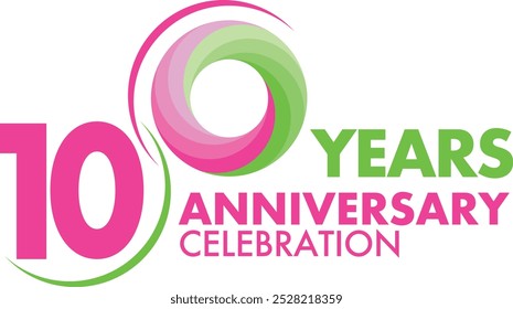 number of 100 years anniversary celebration logo style in pink and lime green with lime green circle shape, isolated on white background.