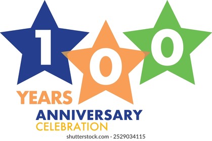 number of 100 years anniversary celebration logo style in blue green and orange star color, isolated on white background.